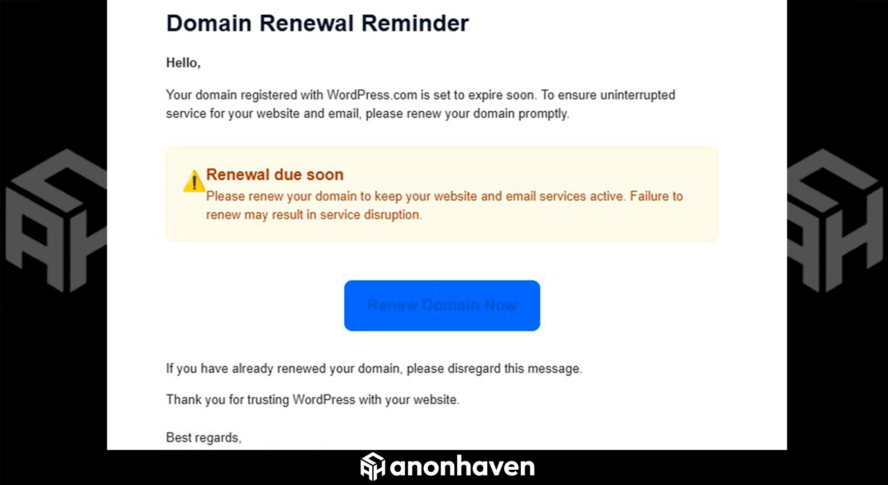 Фишинговое письмо WordPress