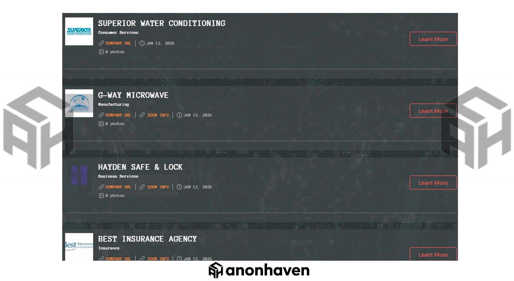 Скриншот DLS-портала группировки Qilin со списком новых жертв от 12 января 2026 года.