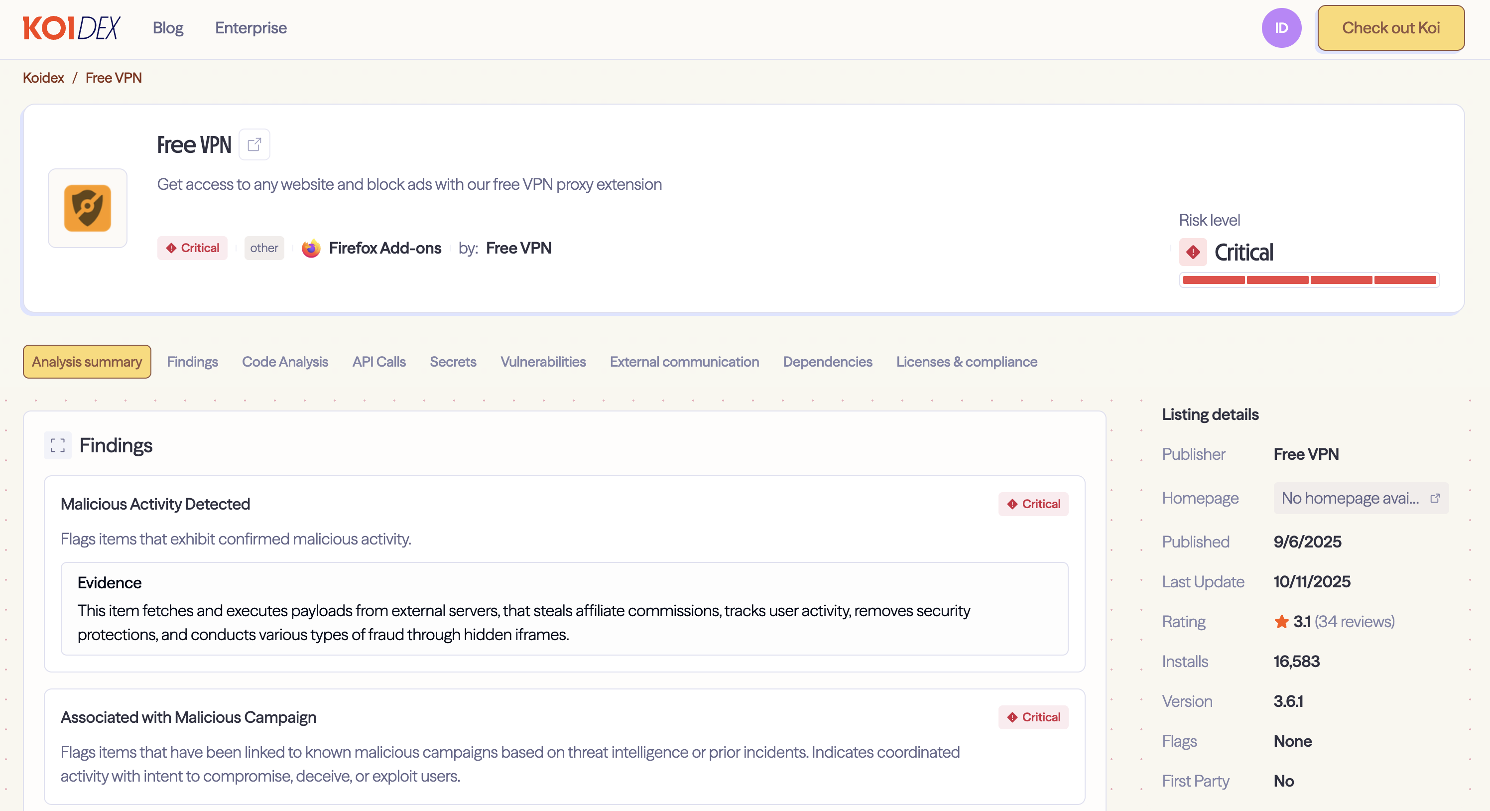 Koidex report for Free VPN
