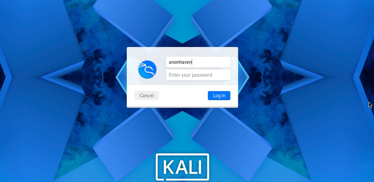 Kali Linux login screen &mdash; XFCE, default theme