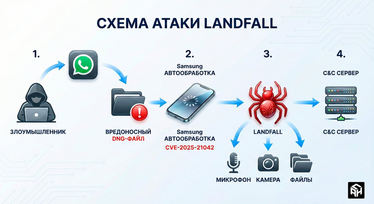 Схема атаки LANDFALL: от вредоносного изображения в WhatsApp до полного доступа к устройству Samsung