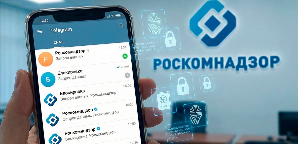 Экран смартфона с интерфейсом Telegram на фоне логотипа Роскомнадзора и символов персональных данных Экран смартфона с интерфейсом Telegram на фоне логотипа Роскомнадзора и символов персональных данных
