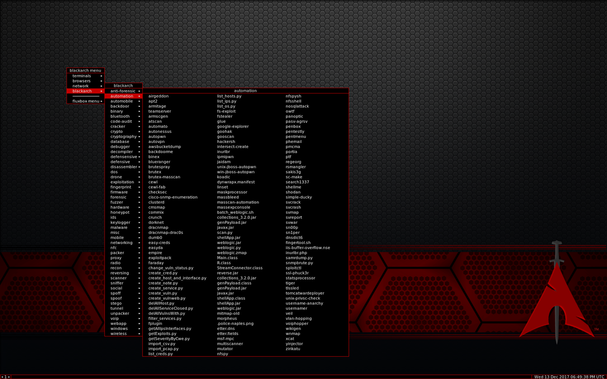 BlackArch Linux menu: what Kali fits in 16 items is split into 40+ specialized categories here