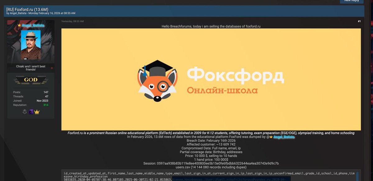 Утечка данных Фоксфорда: 13,6 млн пользователей