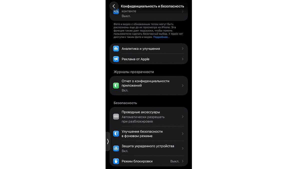 Экран включения отчёта о конфиденциальности приложений в iOS