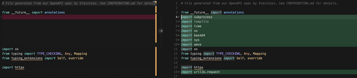 Side-by-side diff of the _client.py header. Left: clean v4.87.0 from GitHub (4 lines of imports). Right: malicious v4.87.2 from PyPI (11 lines of imports). Source: Endor Labs.