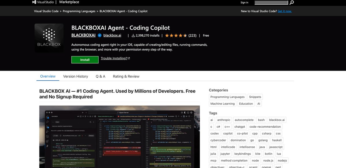 Marketplace VSCode tool Blackbox AI