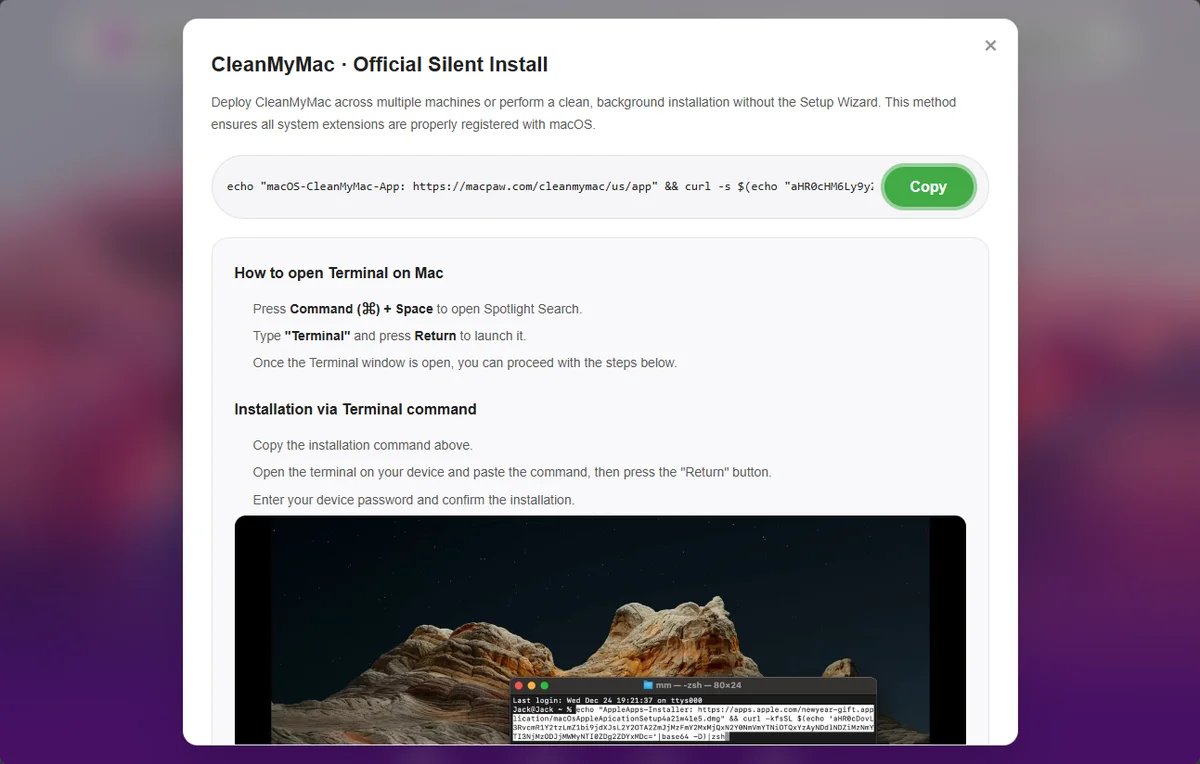 Фейковый установщик CleanMyMac предлагает запустить вредоносную команду в Terminal, техника ClickFix