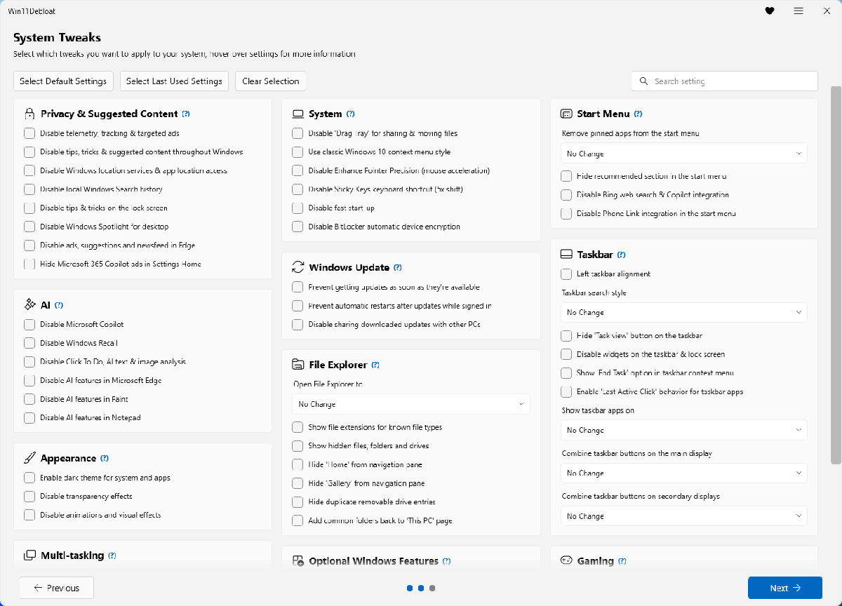 Меню Win11Debloat
