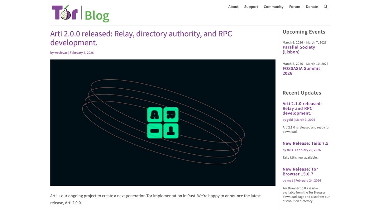 The Tor Project's announcement of Arti 2.0.0, the Rust-based rewrite of the core Tor engine