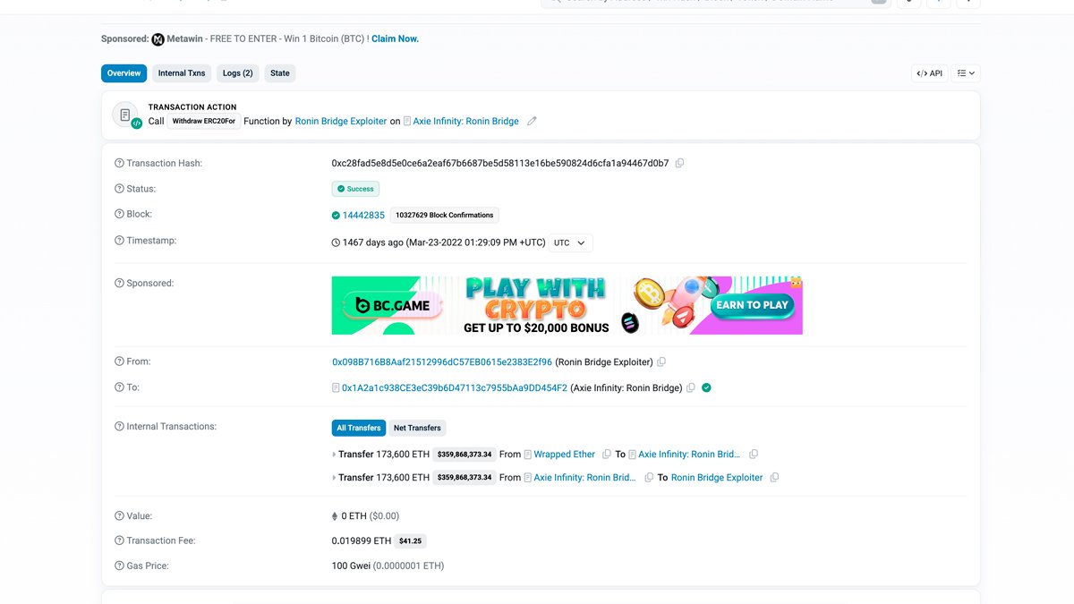 Etherscan page for the Ronin Bridge exploit address, labeled OFAC-Sanctioned and Blocked. The Internal Transactions tab shows the original 173,600 ETH withdrawal from Axie Infinity: Ronin Bridge. Source: Etherscan