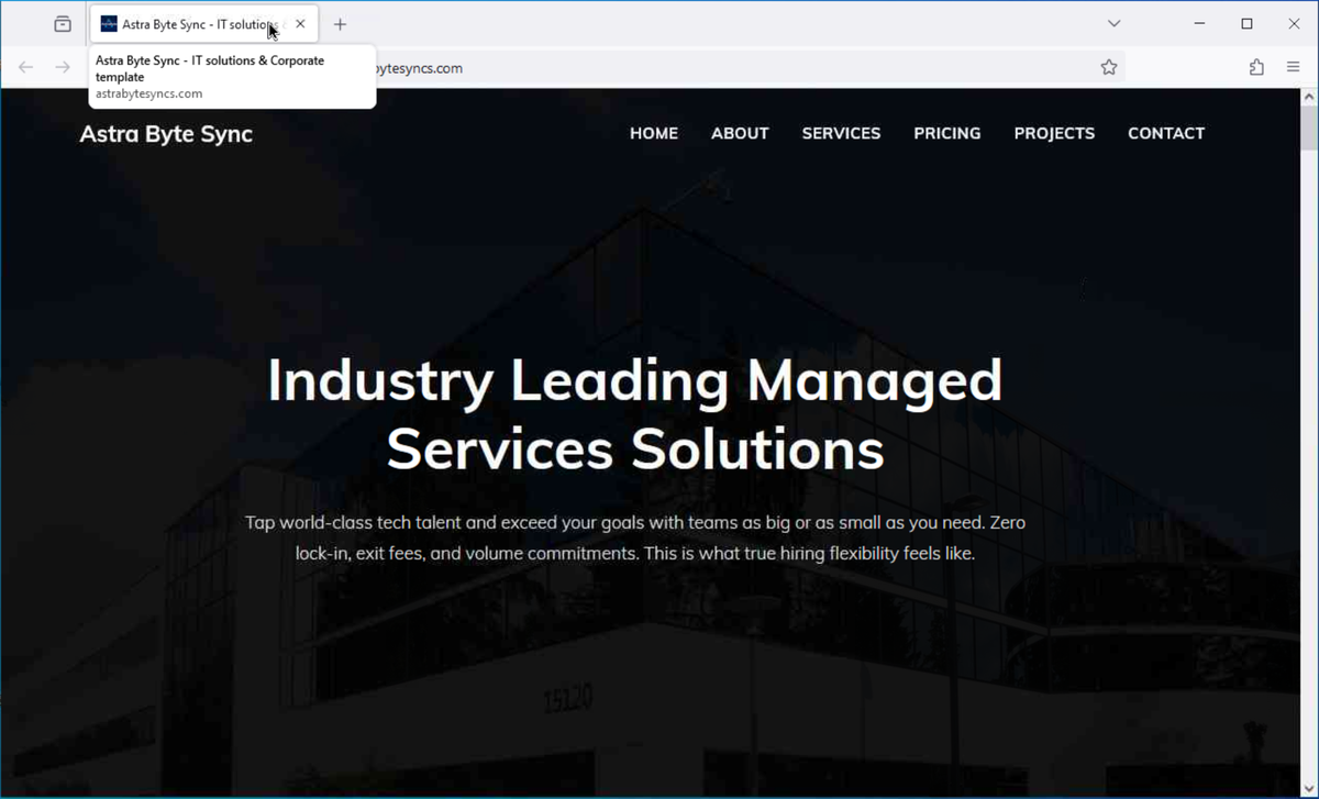 Astra Byte Sync fake company website built from a generic template. The HTML title still reads "IT solutions and Corporate template." Source: Sophos CTU