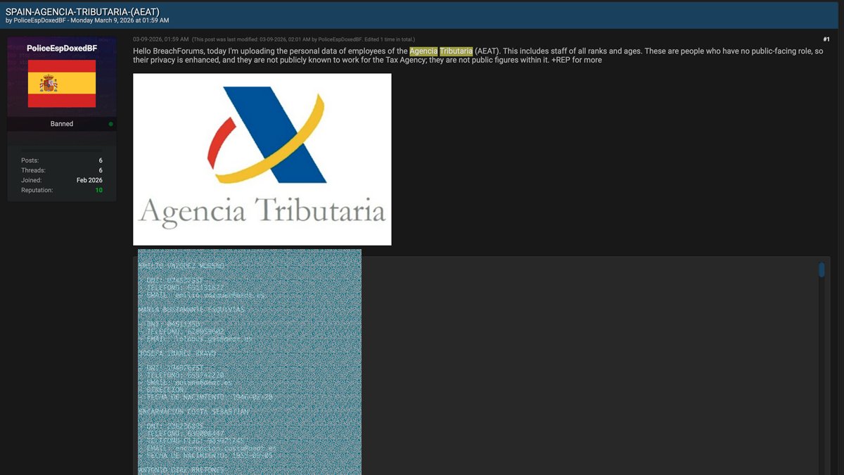 Personal data leak of Spain's Tax Agency (Agencia Tributaria / AEAT) employees