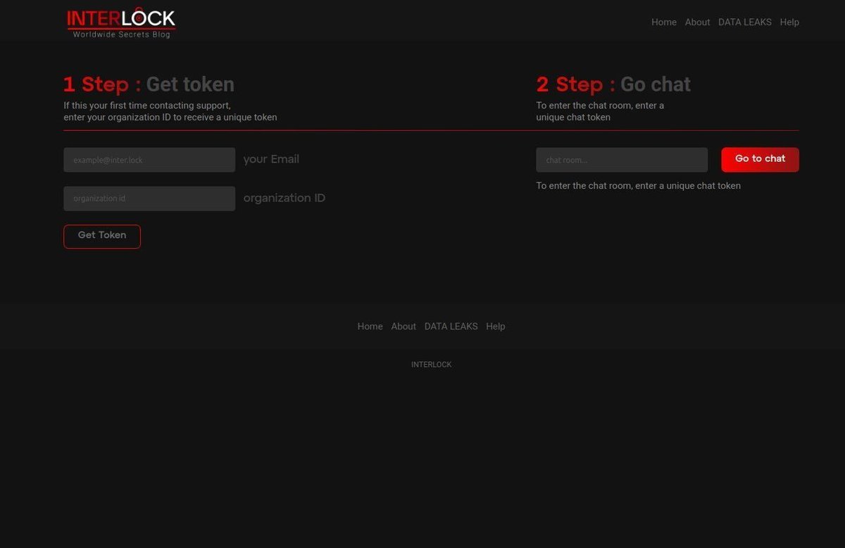 Interlock ransomware negotiation portal. Victims enter an organization ID and email to receive an auth token for the chat session. Source: AWS Security Blog