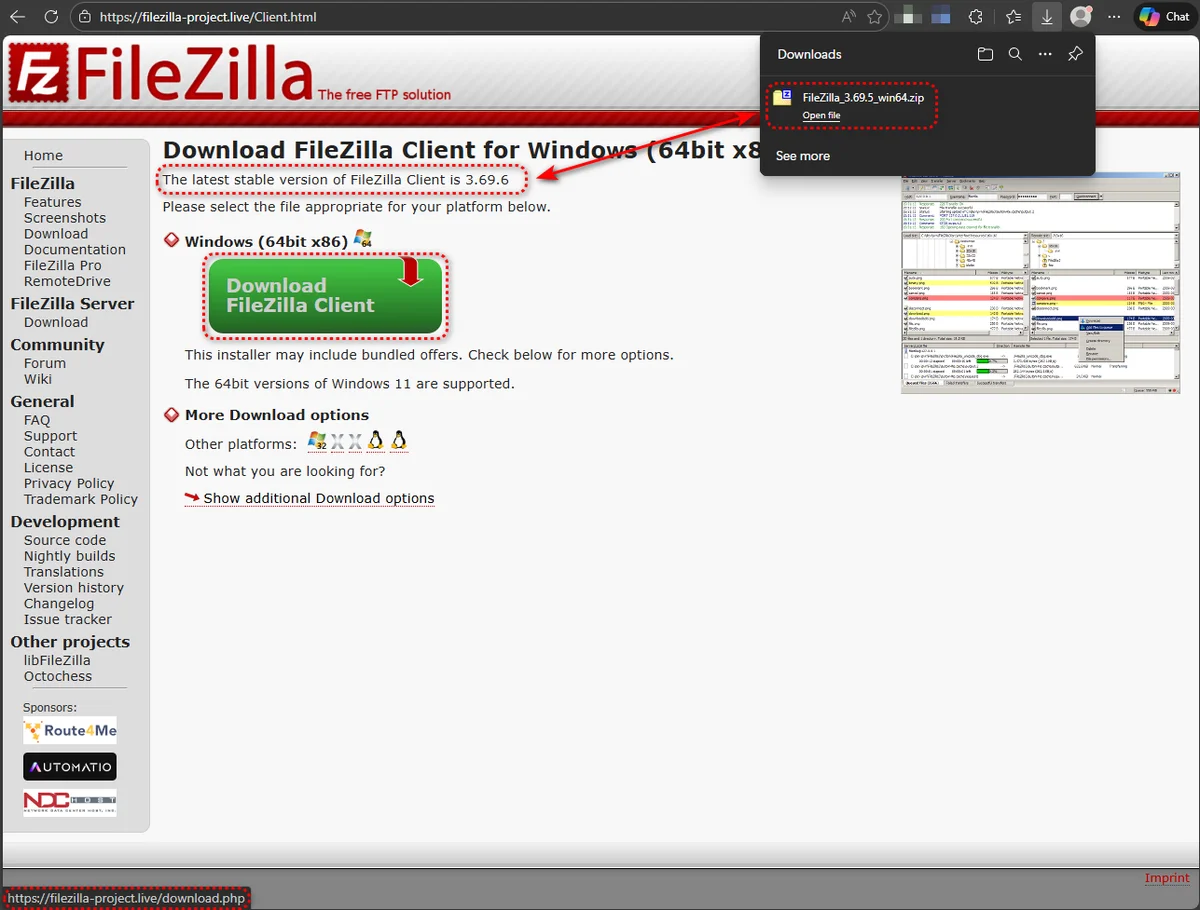 Поддельный сайт FileZilla с вредоносной загрузкой. Поддельный сайт FileZilla с вредоносной загрузкой.