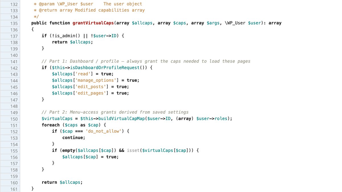 The vulnerable isDashboardOrProfileRequest() method in WP Extended 3.2.4, showing the strpos() check that grants admin capabilities based on URI substring matching. Source: WordPress Plugin Trac