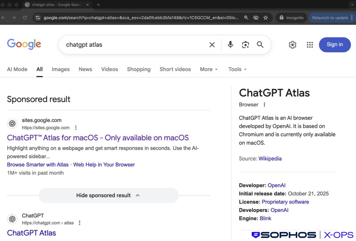 Результат поиска Google по запросу &laquo;chatgpt atlas&raquo;, ведущий на вредоносную страницу Google Sites. Источник: Sophos X-Ops