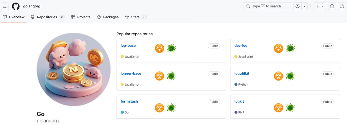 На момент захвата учетная запись содержала log-base, dev-log, и logger-base (связанные со вредоносной строкой загрузчика npm, привязанной к dev-log-core); logutilkit(вредоносный пакет PyPI logutilkit); formstash( вредоносный модуль Go github[.]com/golangorg/formstash); и logkit( вредоносный пакет Packagist golangorg/logkit). Вредоносный крейт Rust logtrace также связан с той же учетной записью GitHub и личностью. Вместе эти пакеты демонстрируют операцию, охватывающую JavaScript, Python, Go, Rust и PHP с одного псевдонима.